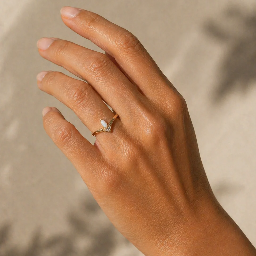 Floating Gemstone Gold Ring - White Opal & CZ - JaxKelly