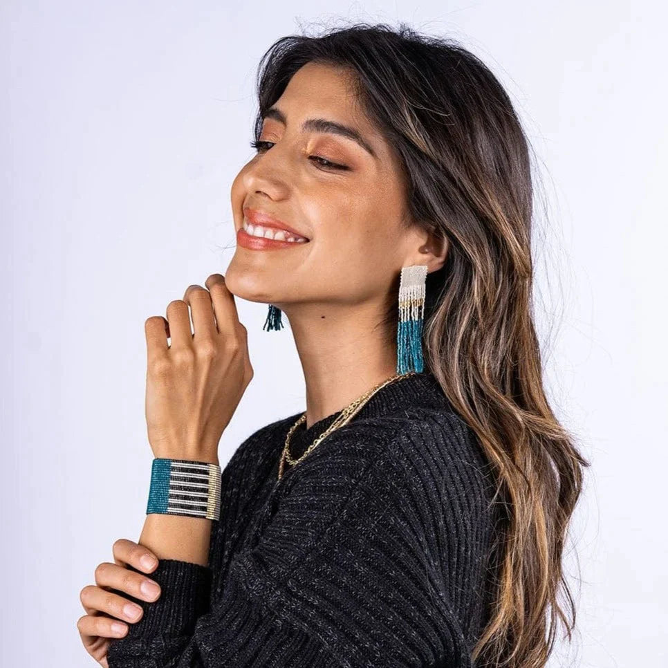 Belle Angled Stripes Beaded Fringe Earrings - Peacock