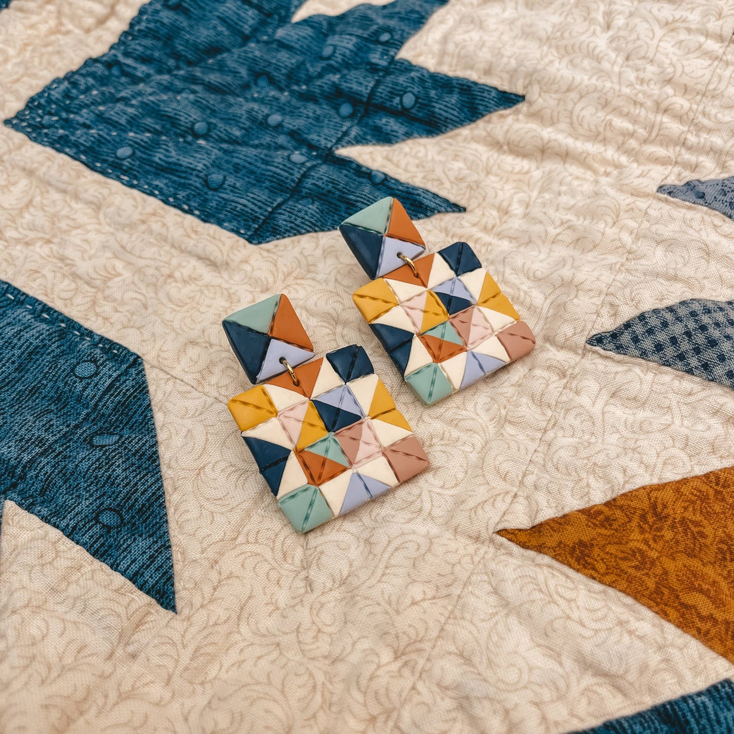 Quilted Style Stud Dangle Polymer Clay Earrings | Confetti Block