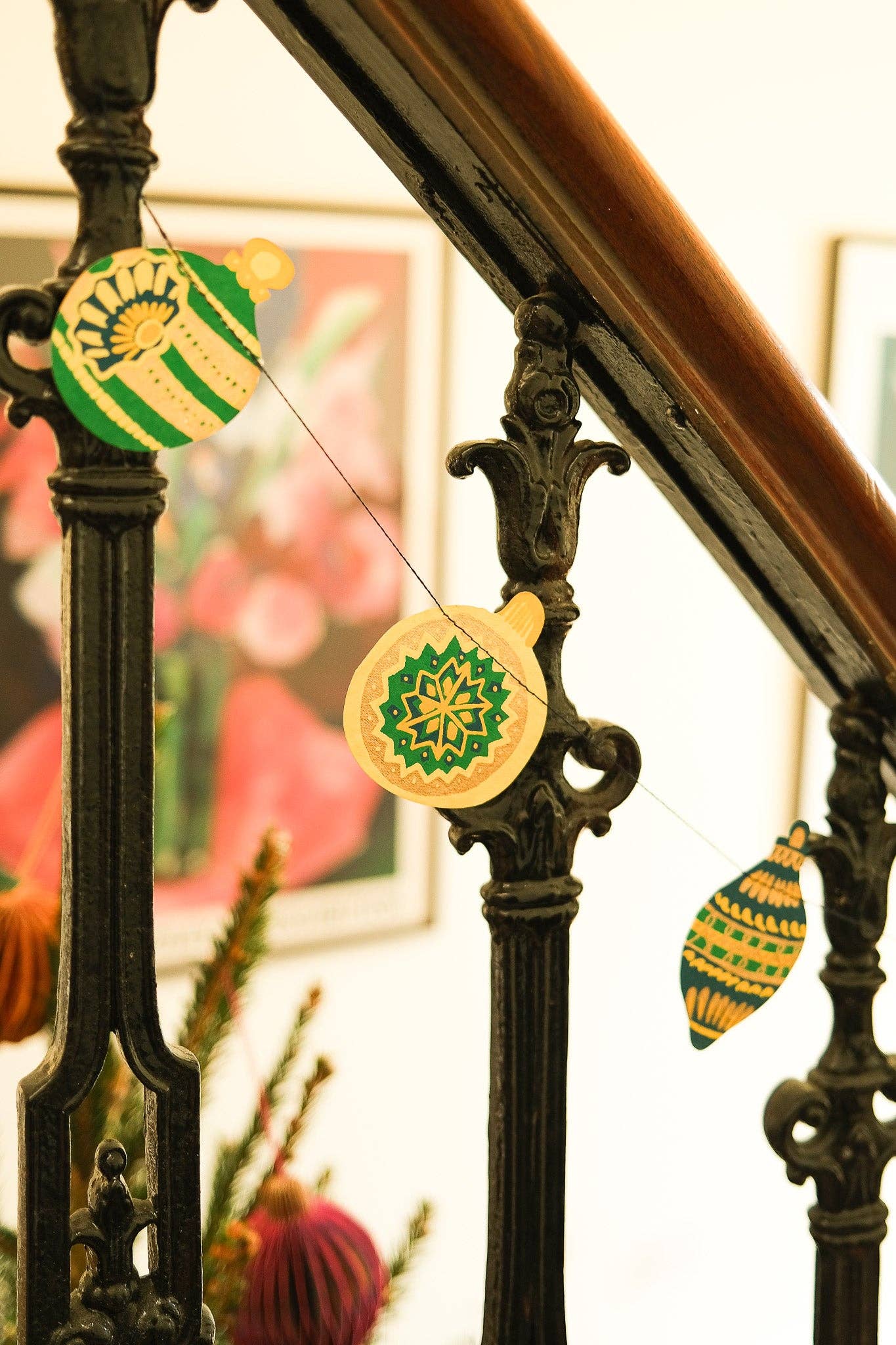 Christmas Ornaments Sewn Garland - Screen Printed by Hand