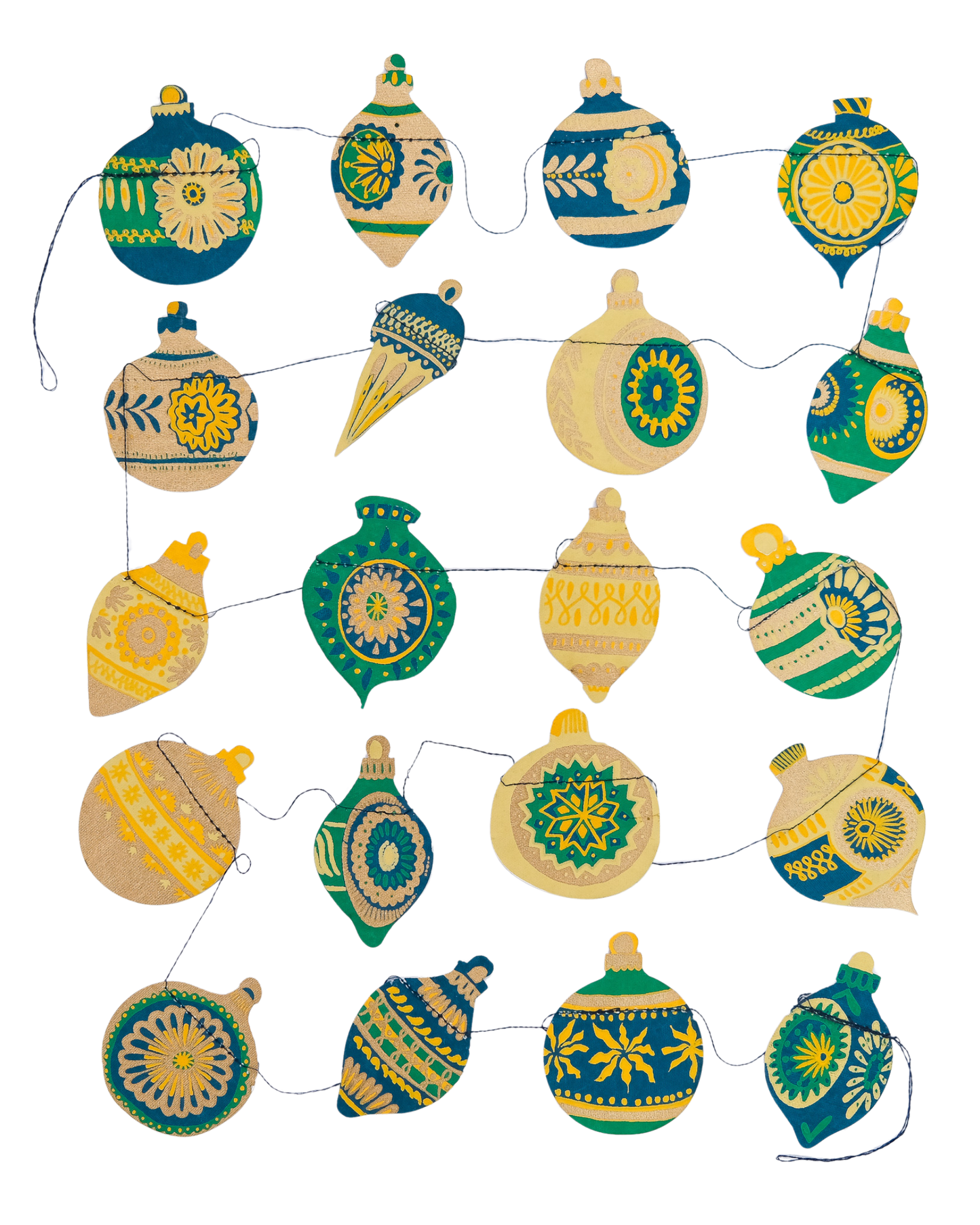 Christmas Ornaments Sewn Garland - Screen Printed by Hand