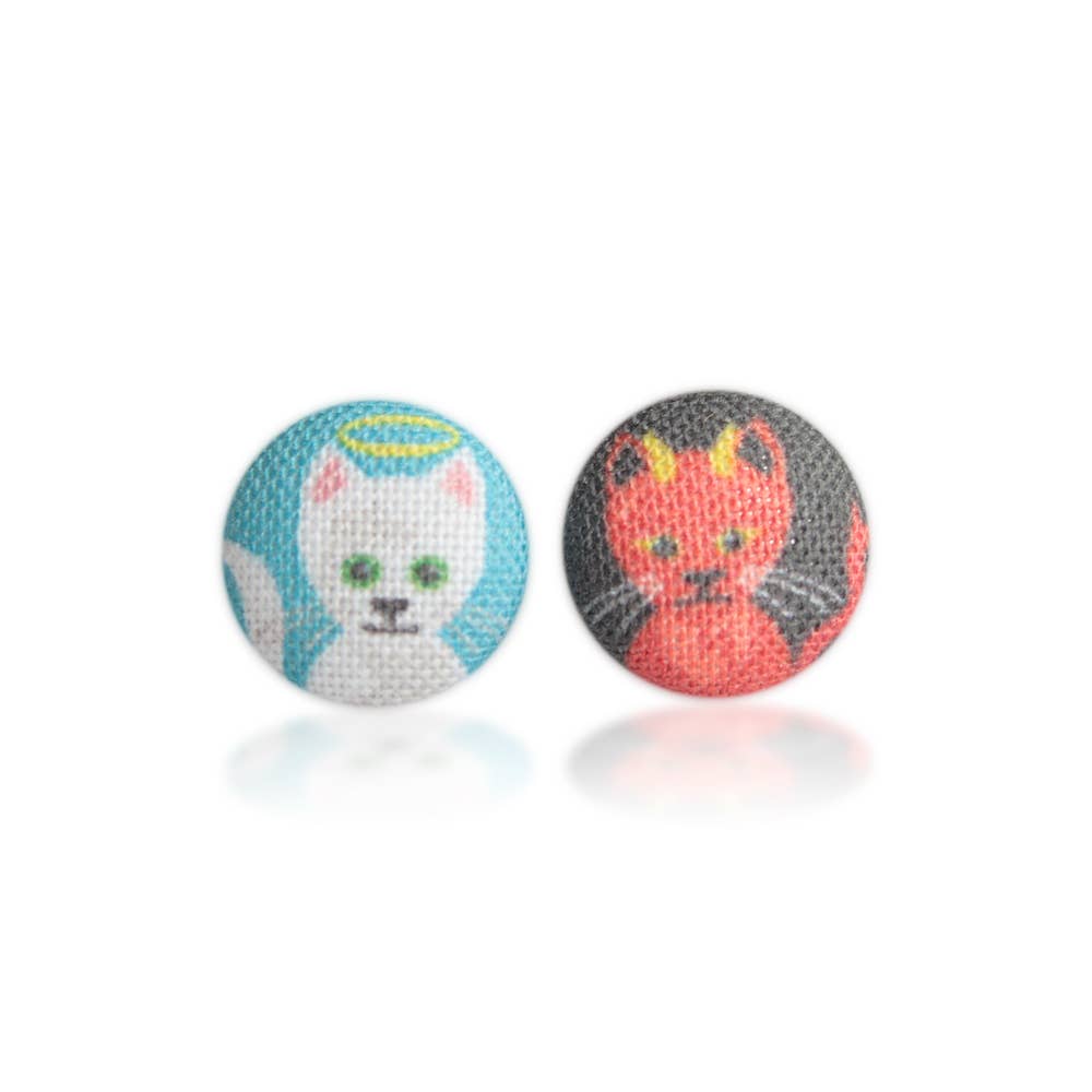 Good and Evil Kitties Fabric Button Earrings