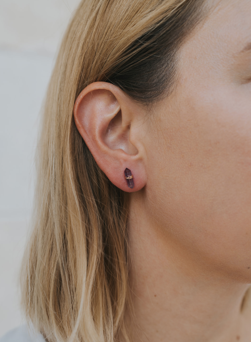 Mineral Point - Amethyst - Gold Wire Wrapped Earrings