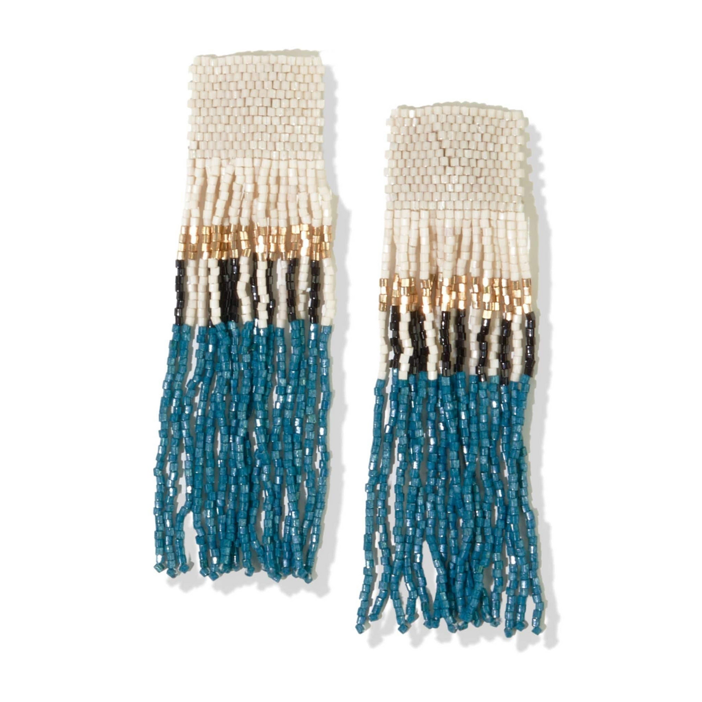 Belle Angled Stripes Beaded Fringe Earrings - Peacock