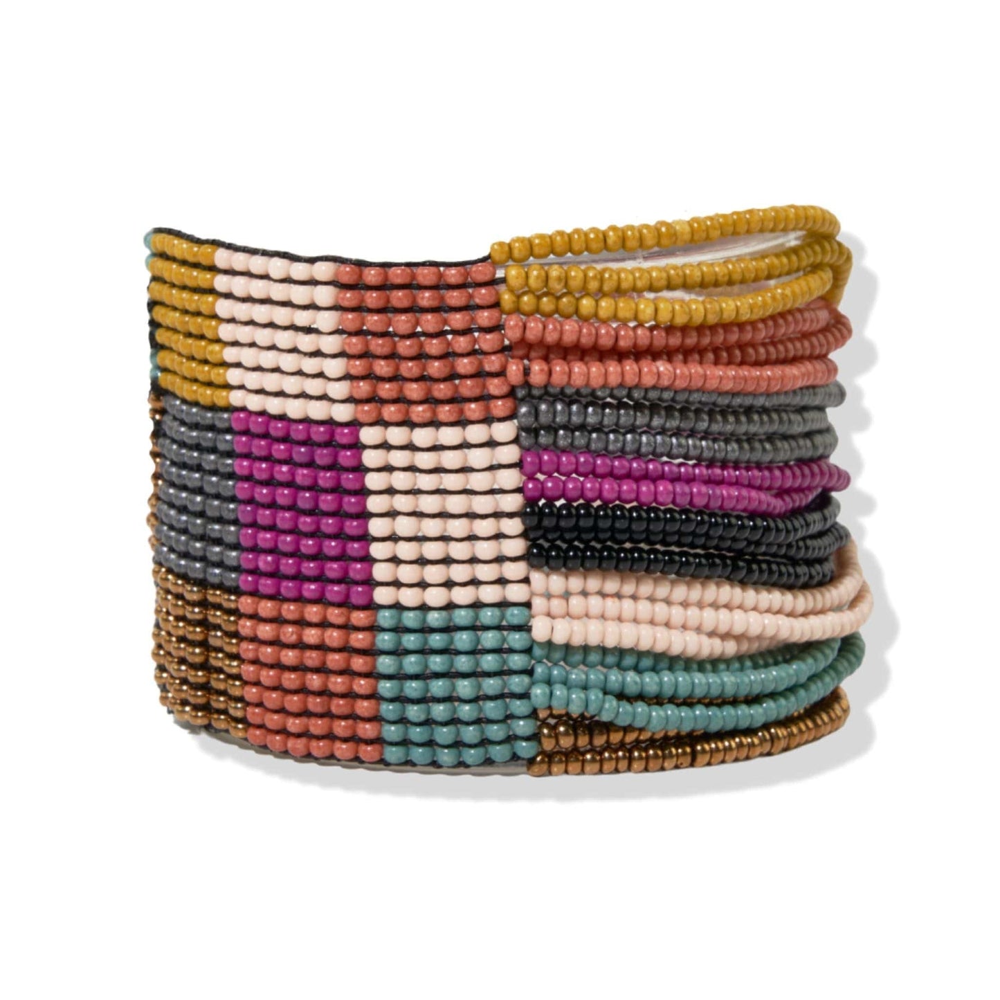 Olive Checkered Beaded Stretch Bracelet - Muted Rainbow