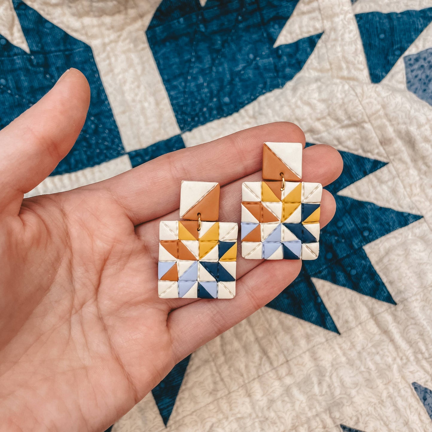 Quilted Style Stud Dangle Polymer Clay Earrings | Sunny Days