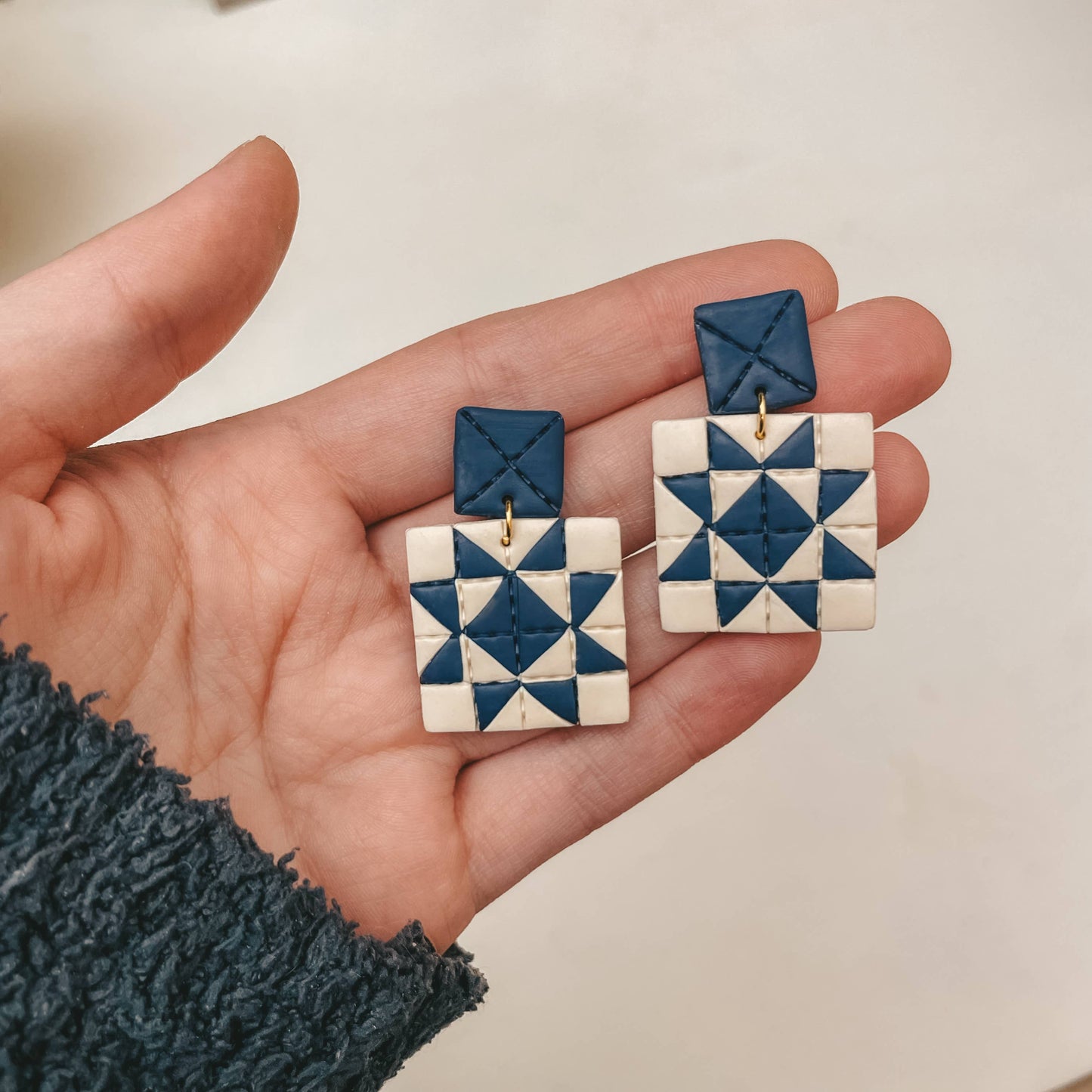 Quilted Style Stud Dangle Polymer Clay Earrings | Navy Star