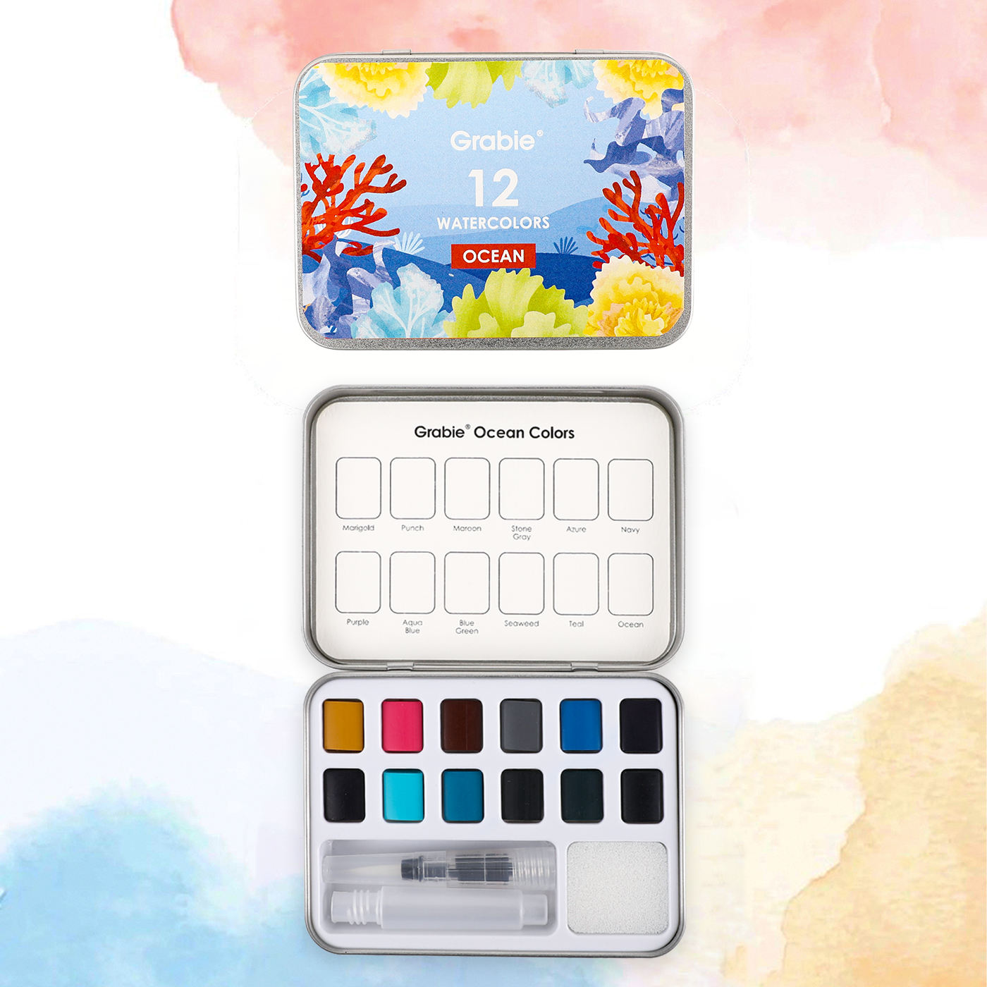 Watercolor Pocket Set Of 12 With Brush - Ocean Colors - Grabie