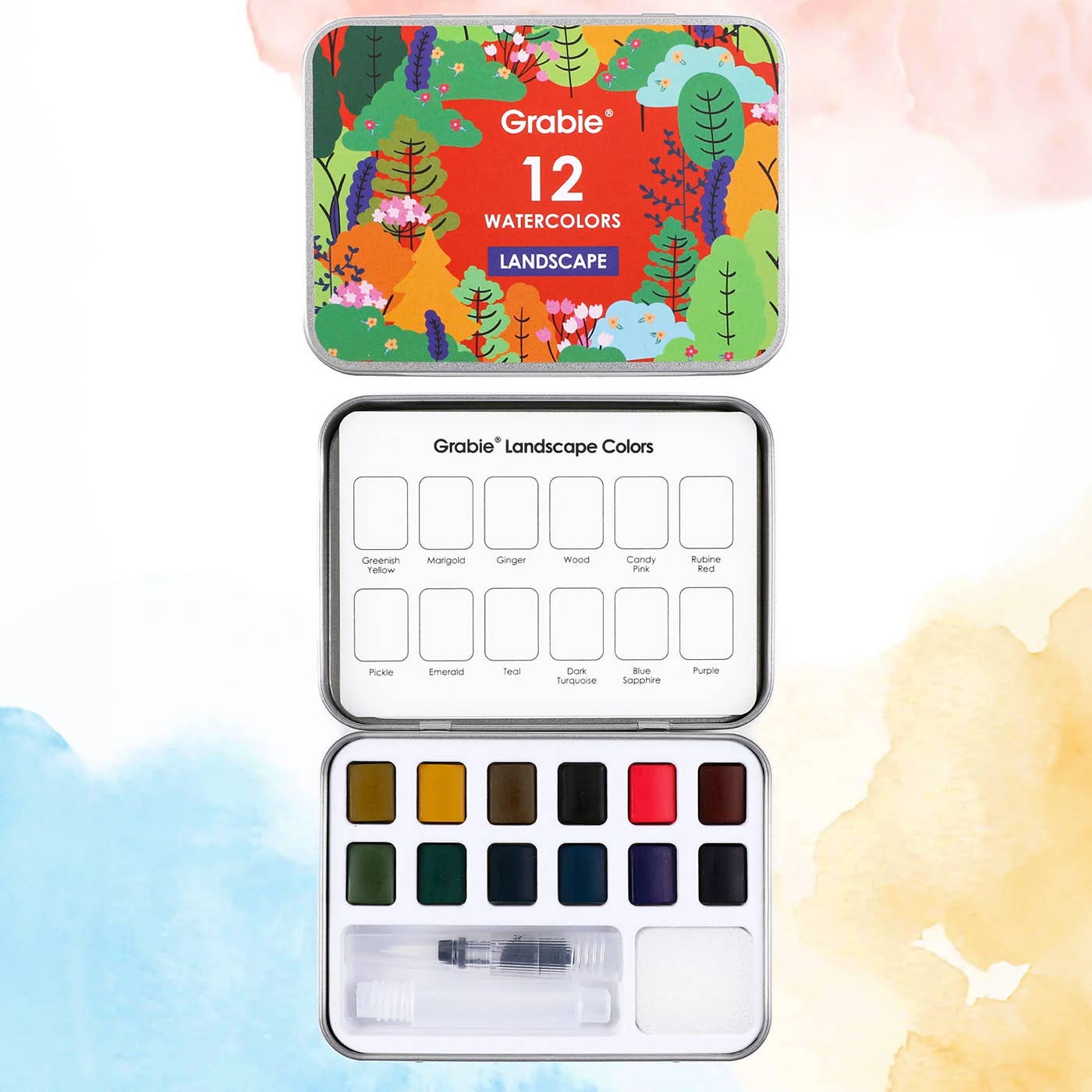 Watercolor Pocket Set Of 12 With Brush - Landscape Colors - Grabie