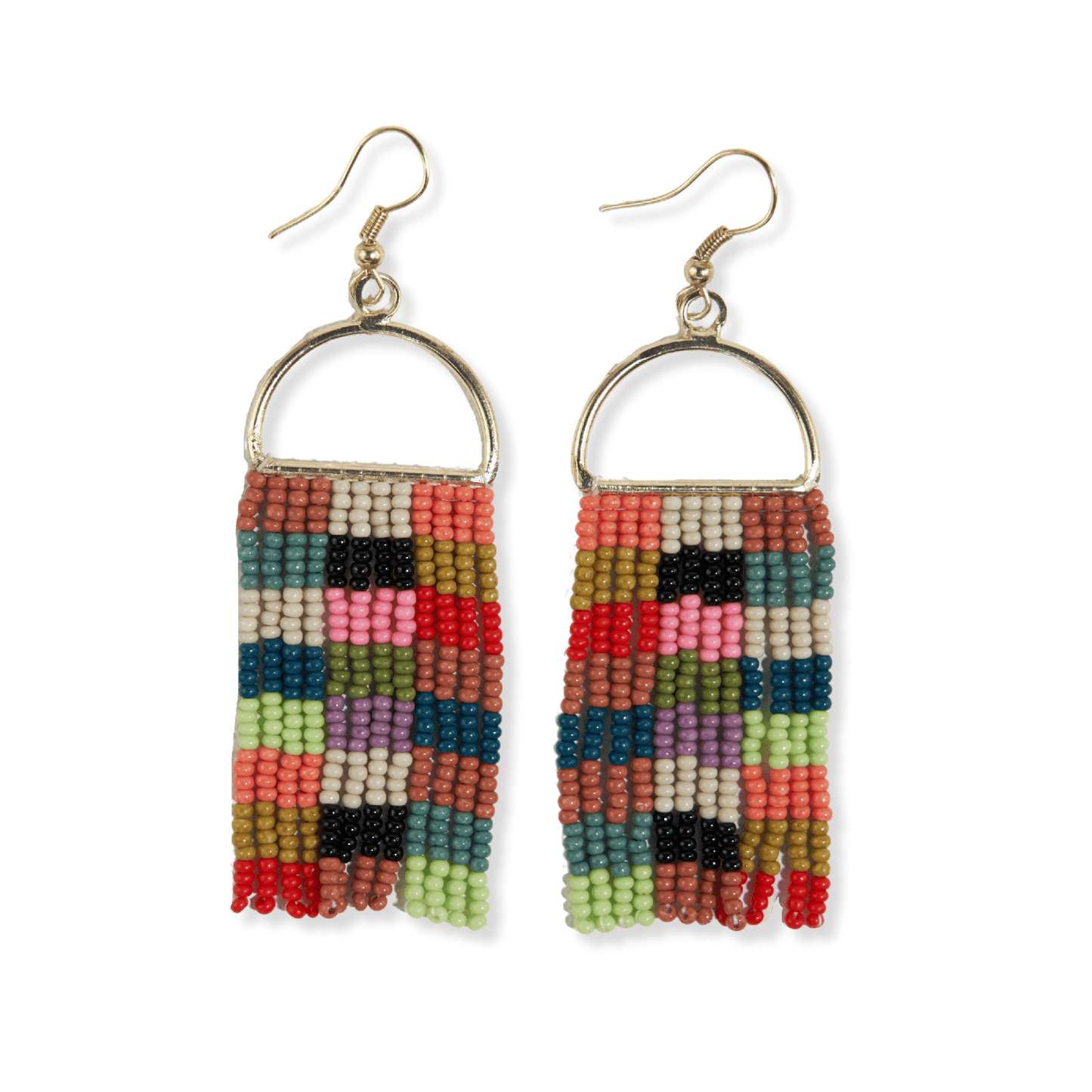 Allison Checkered Beaded Fringe Earrings - Multicolor