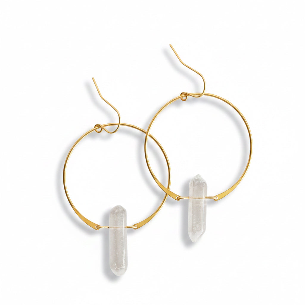 Golden Hoop Earrings - Clear Quartz - JaxKelly