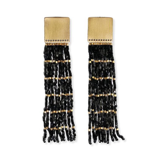 Harlow Brass Top Solid w/Gold Stripe Beaded Fringe Earrings