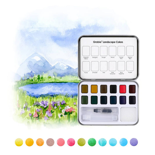 Watercolor Pocket Set Of 12 With Brush - Landscape Colors - Grabie