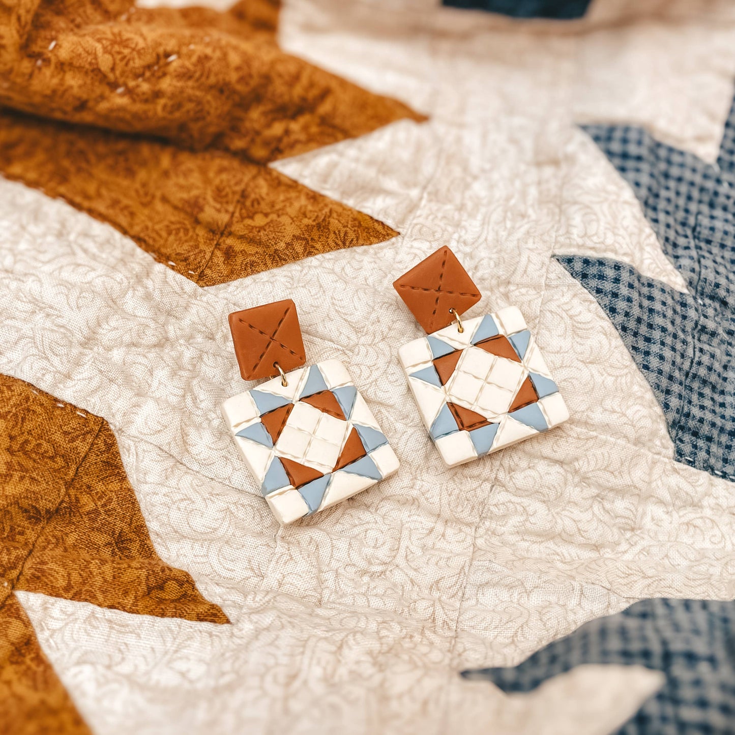 Quilted Style Stud Dangle Polymer Clay Earrings | Orange + Blue