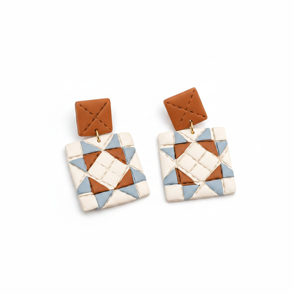 Quilted Style Stud Dangle Polymer Clay Earrings | Orange + Blue