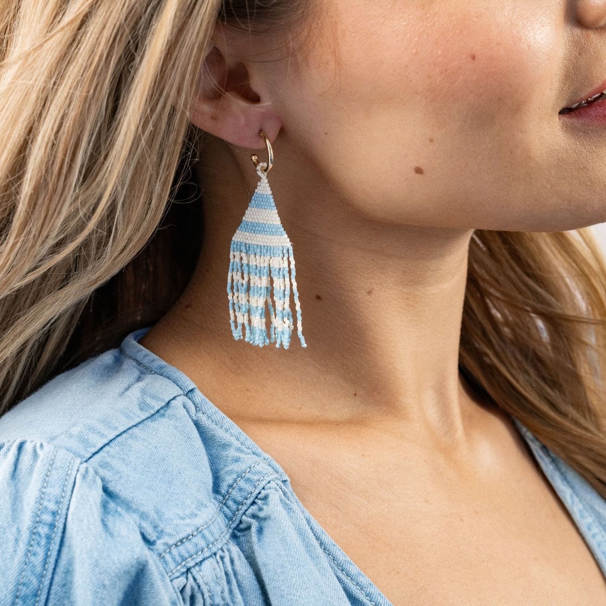 James Mini Gold Hoop Two Tone Stripes Beaded Fringe Earrings Light Blue