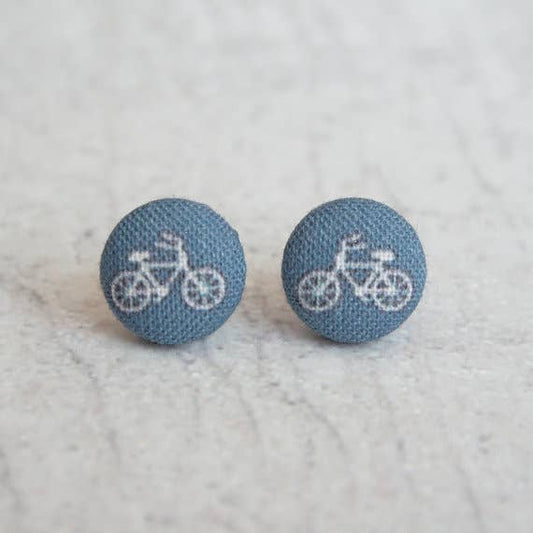 Tiny Navy Bikes Fabric Button Earrings