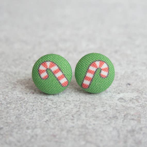 Candy Canes Fabric Button Earrings