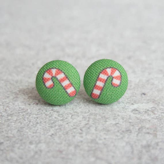 Candy Canes Fabric Button Earrings