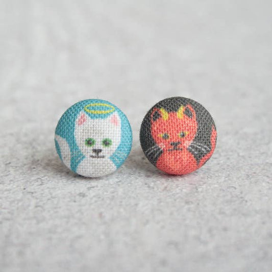 Good and Evil Kitties Fabric Button Earrings