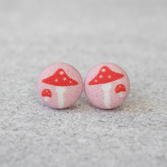 Pink Mushroom Fabric Button Earrings