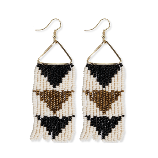 Whitney Flipped Triangle Beaded Fringe Earrings - Black + White