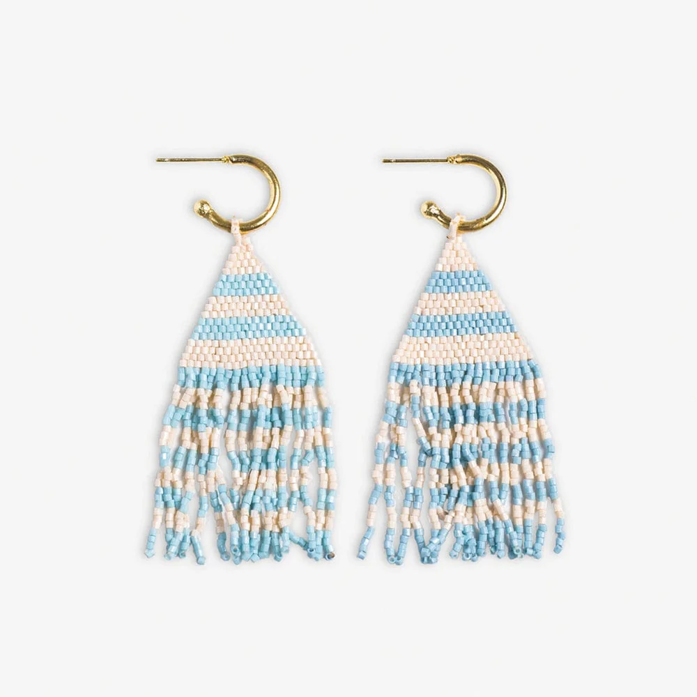 James Mini Gold Hoop Two Tone Stripes Beaded Fringe Earrings Light Blue