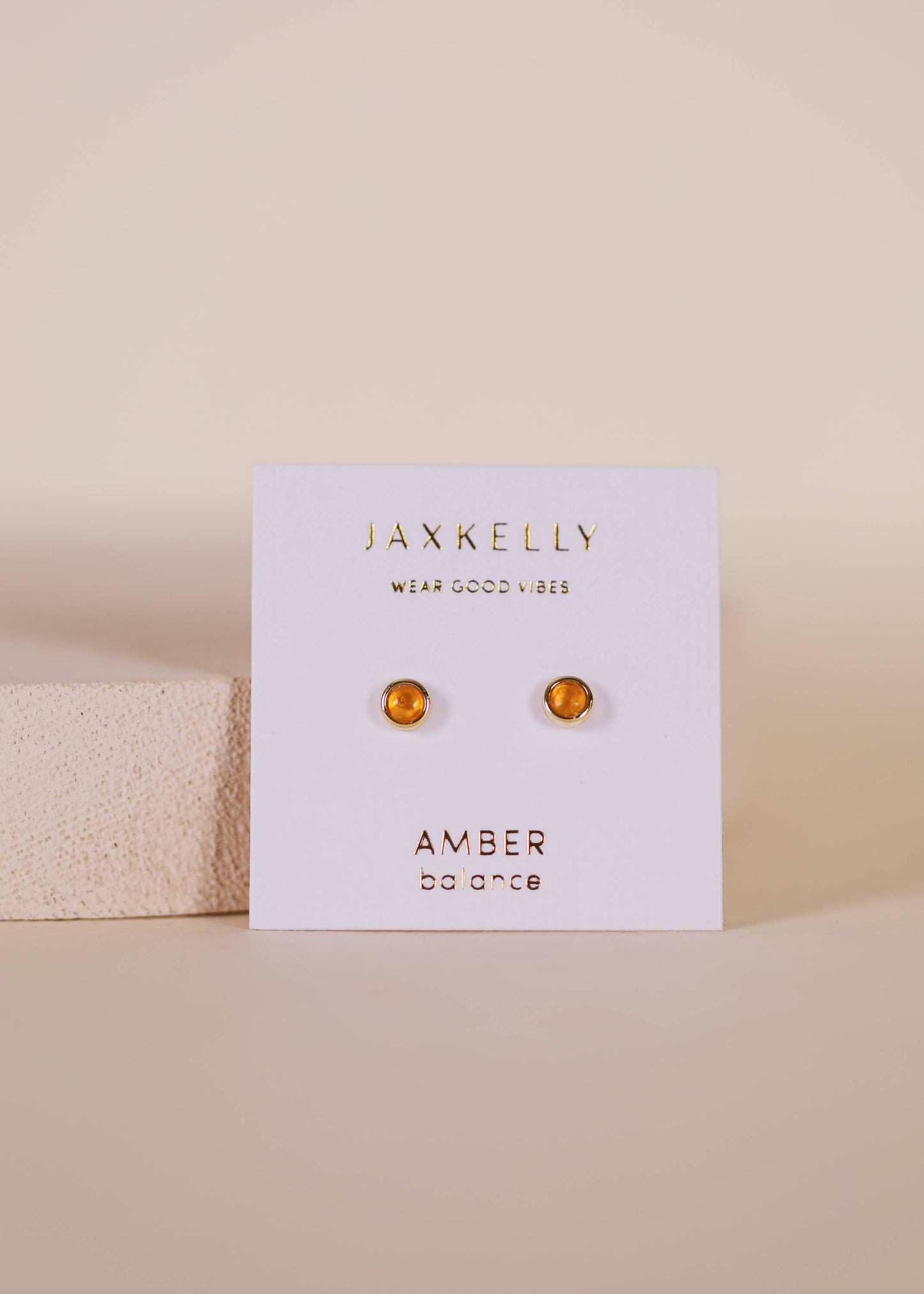 Simple Stud Earrings - Amber Gemstone - 18k Gold Plated