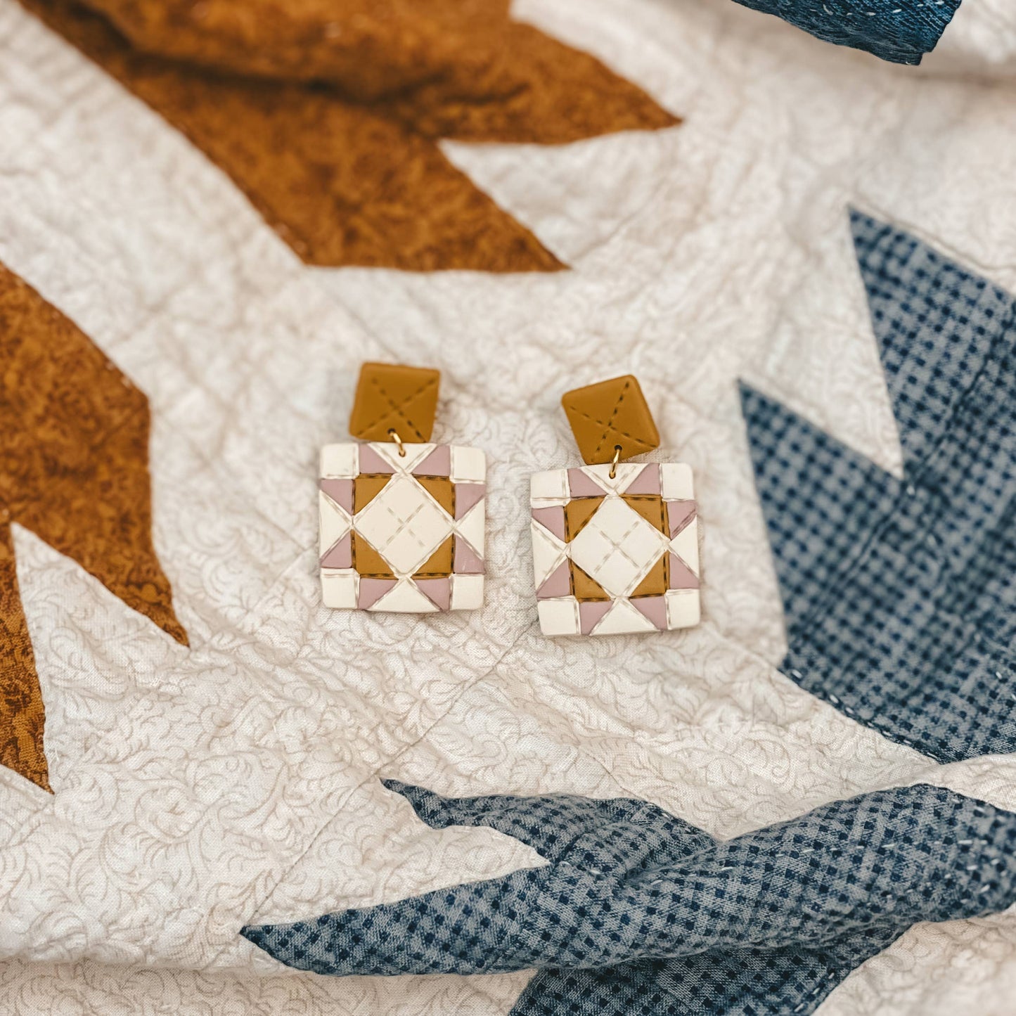 Quilted Style Stud Dangle Polymer Clay Earrings | Mustard + Pink