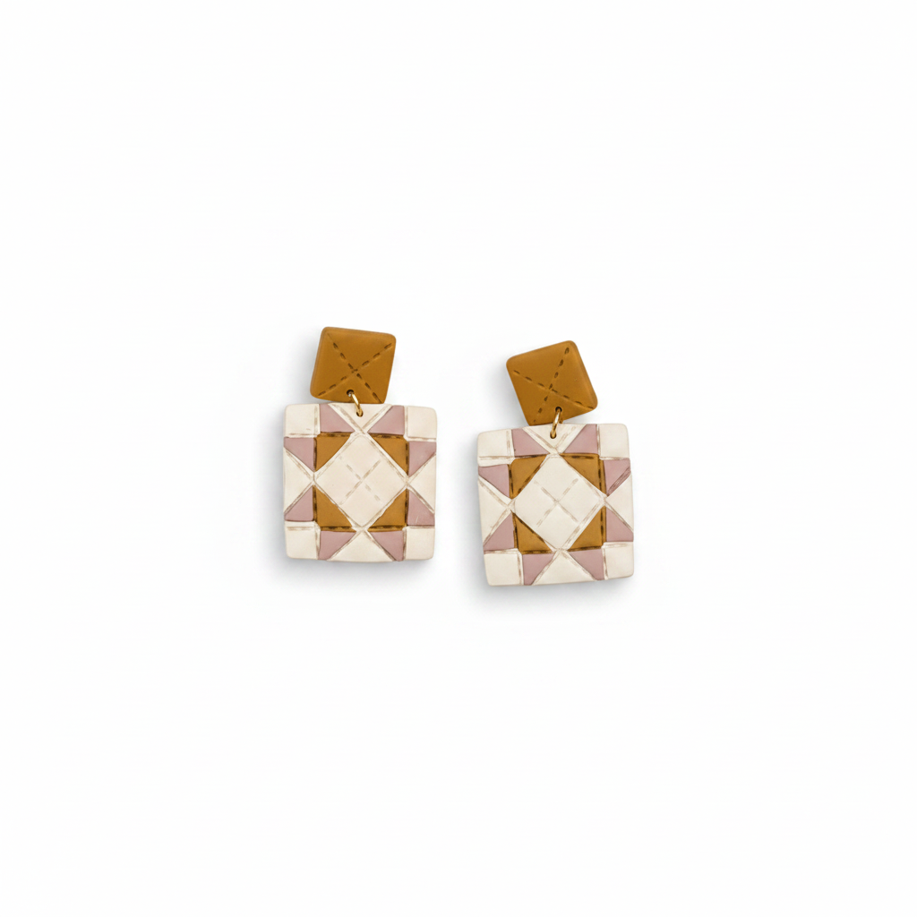 Quilted Style Stud Dangle Polymer Clay Earrings | Mustard + Pink