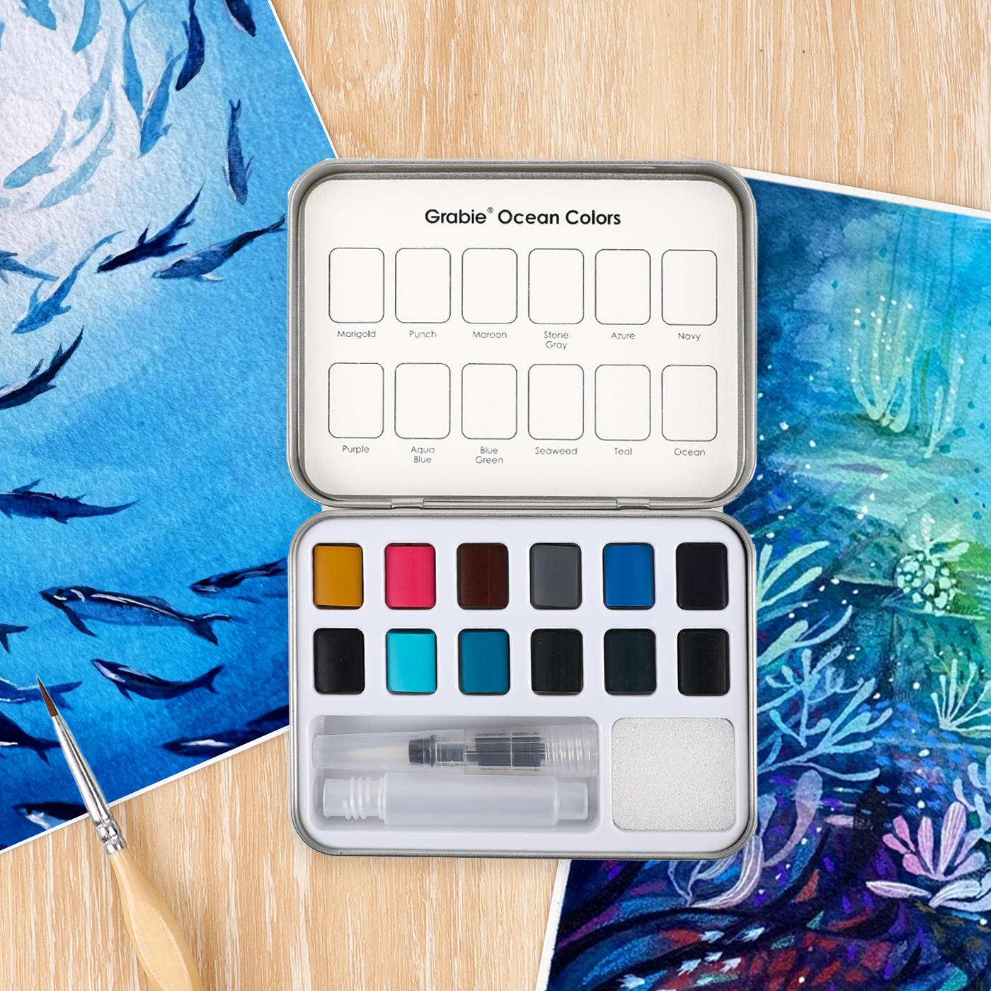 Watercolor Pocket Set Of 12 With Brush - Ocean Colors - Grabie