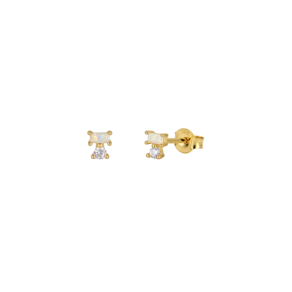 Double Stud Stack Gold Earrings - White Opal - JaxKelly