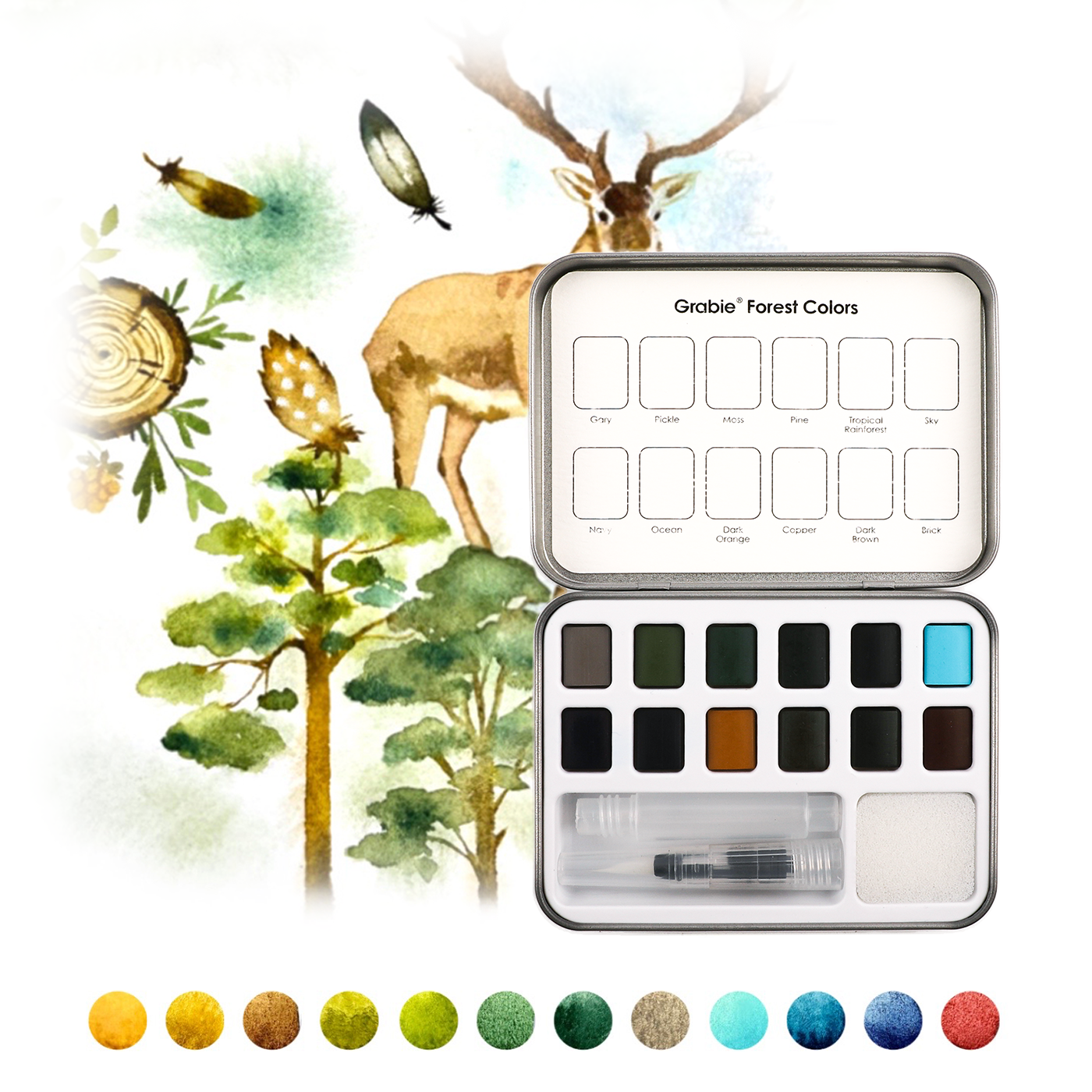 Watercolor Pocket Set Of 12 With Brush - Forest Color - Grabie