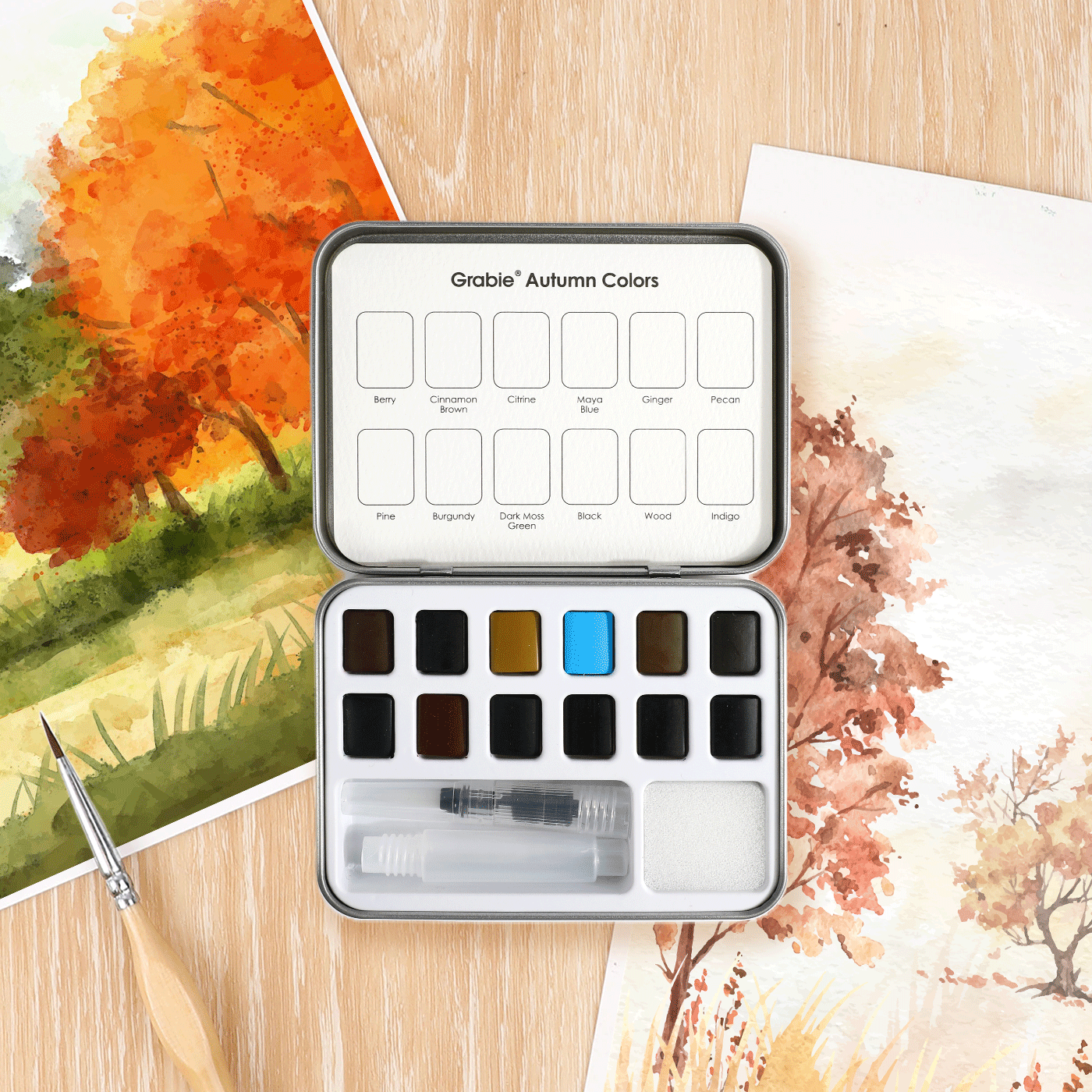 Watercolor Pocket Set Of 12 With Brush - Autumn Colors - Grabie
