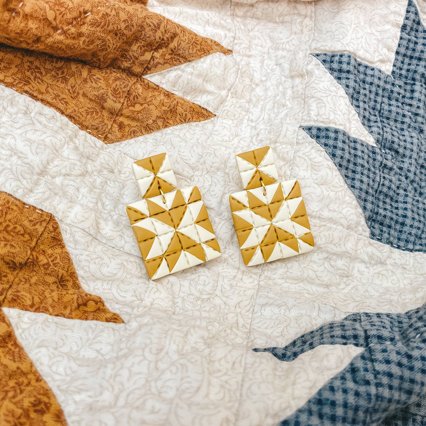 Quilted Style Stud Dangle Polymer Clay Earrings | White + Mustard