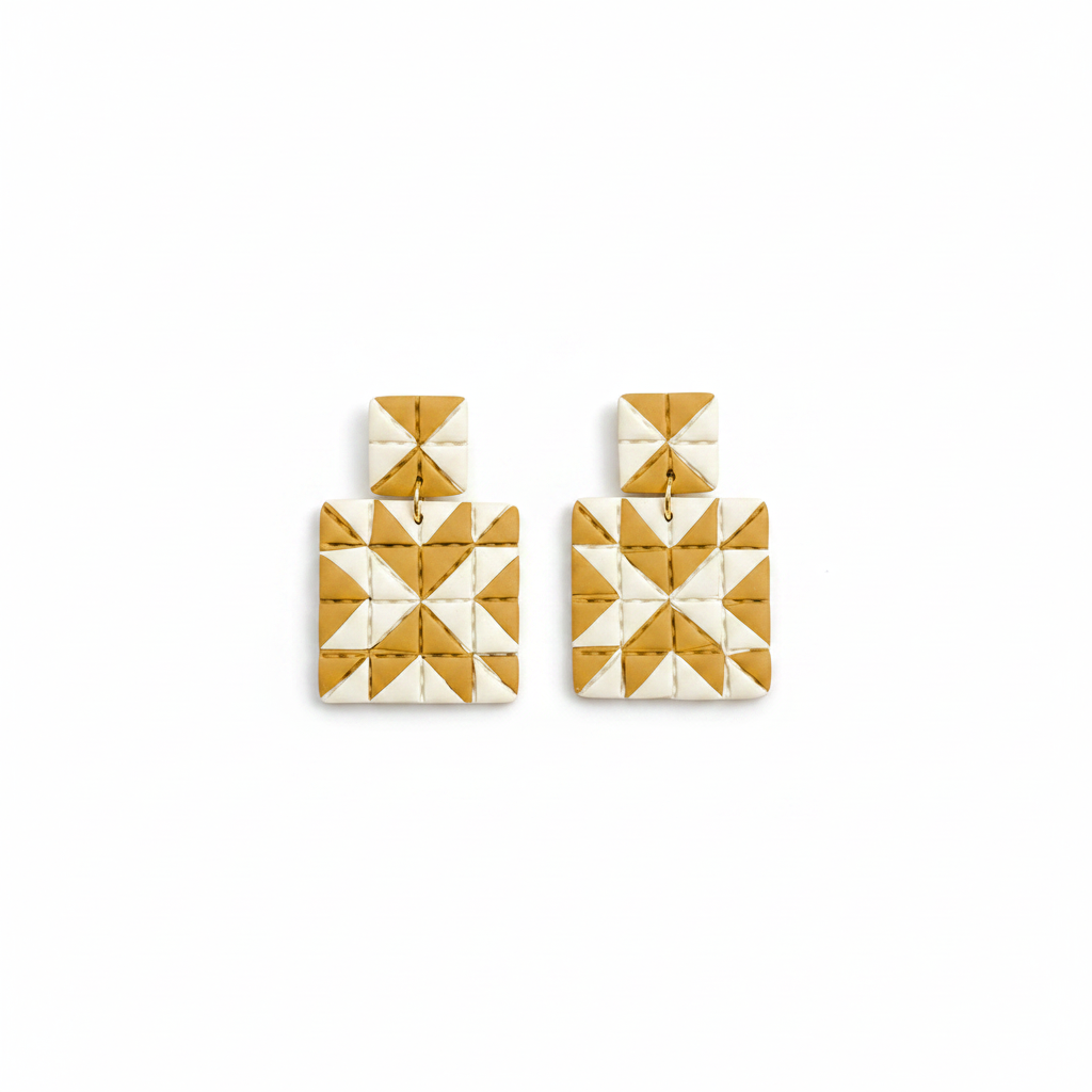 Quilted Style Stud Dangle Polymer Clay Earrings | White + Mustard