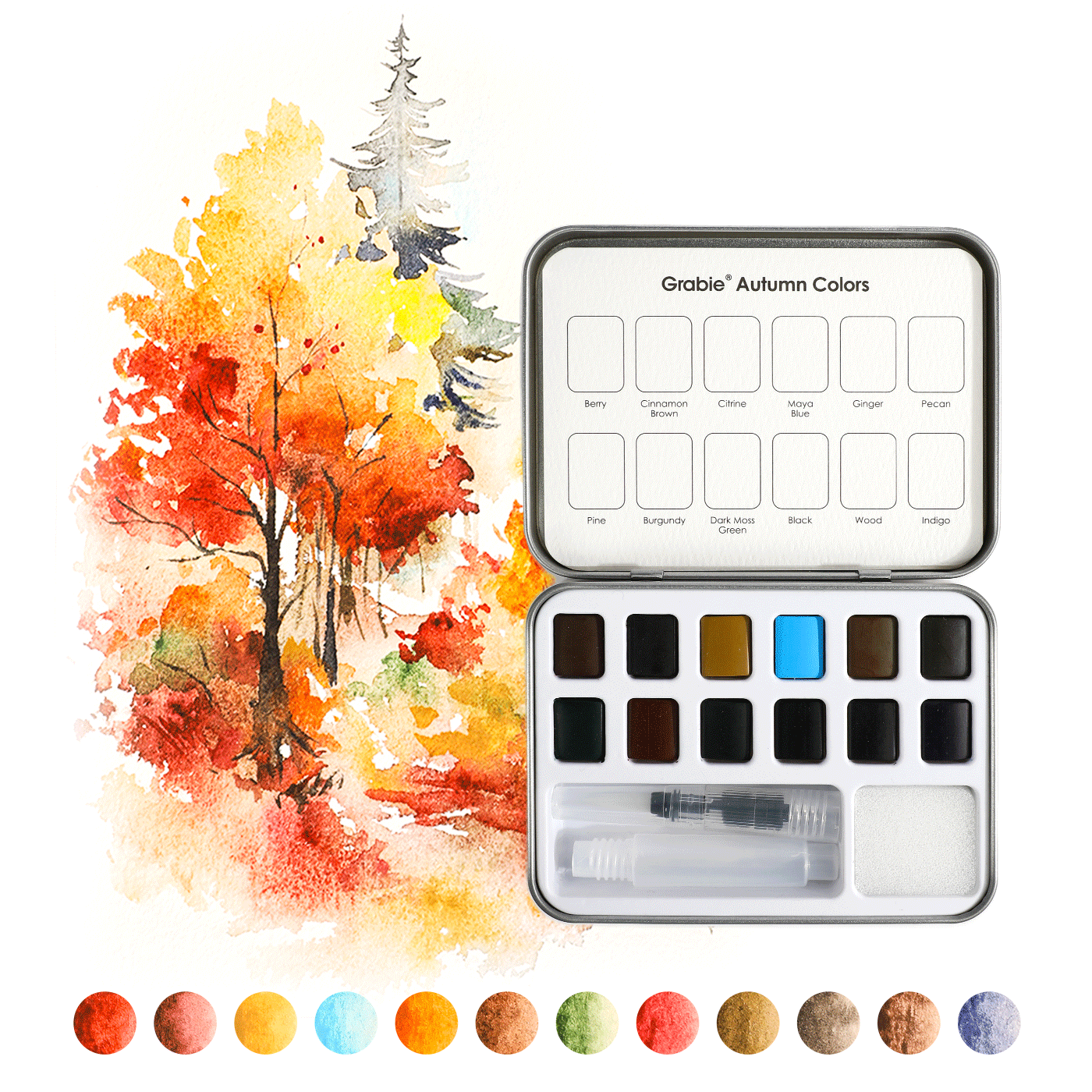 Watercolor Pocket Set Of 12 With Brush - Autumn Colors - Grabie