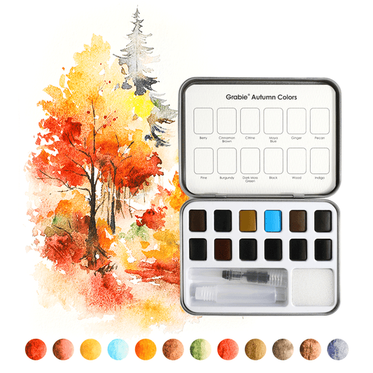 Watercolor Pocket Set Of 12 With Brush - Autumn Colors - Grabie