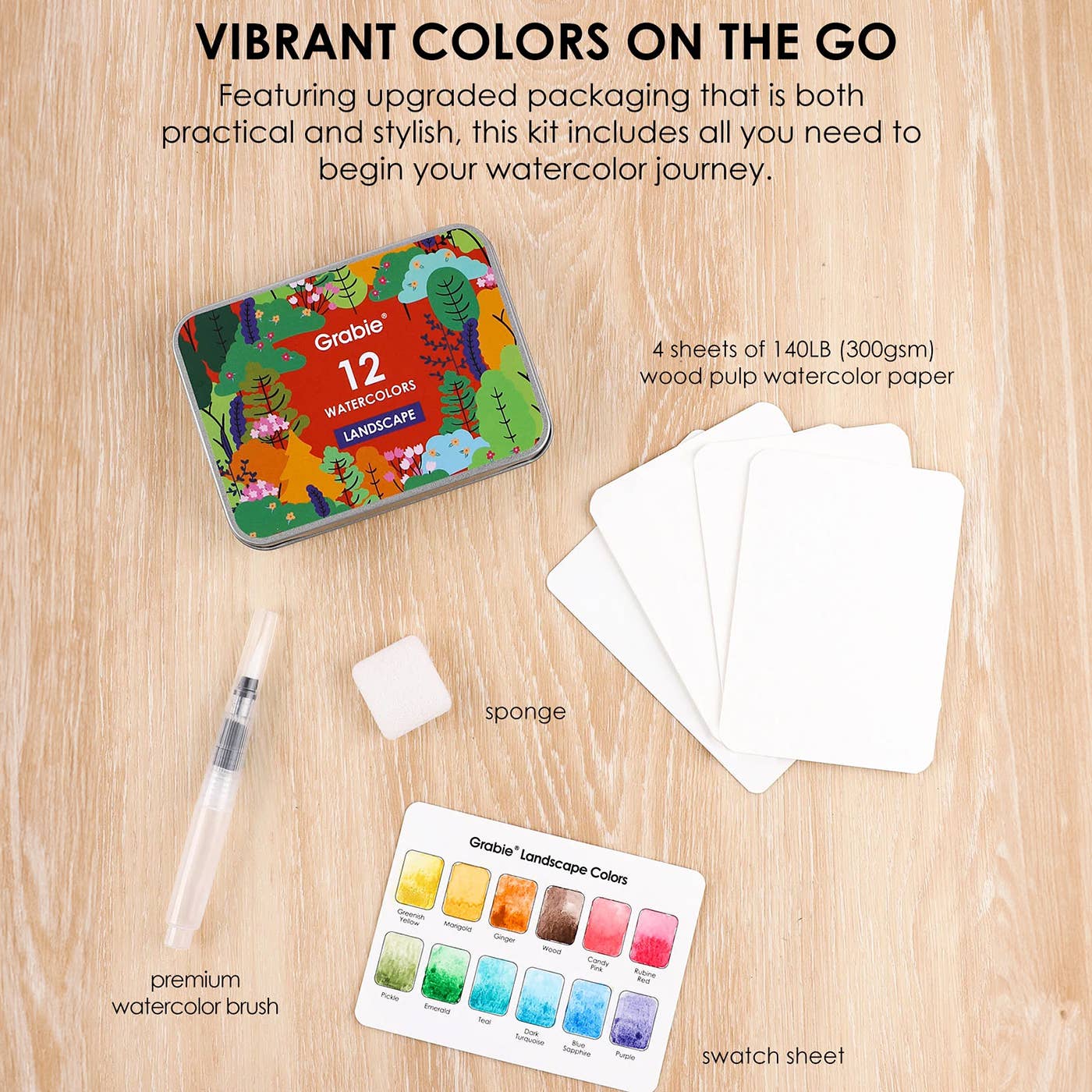 Watercolor Pocket Set Of 12 With Brush - Landscape Colors - Grabie