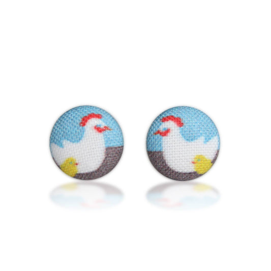 Hen and Chick Fabric Button Earrings