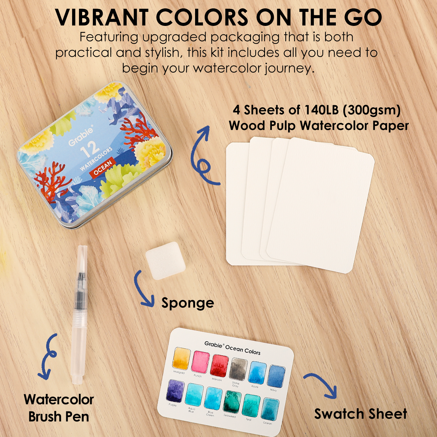 Watercolor Pocket Set Of 12 With Brush - Ocean Colors - Grabie