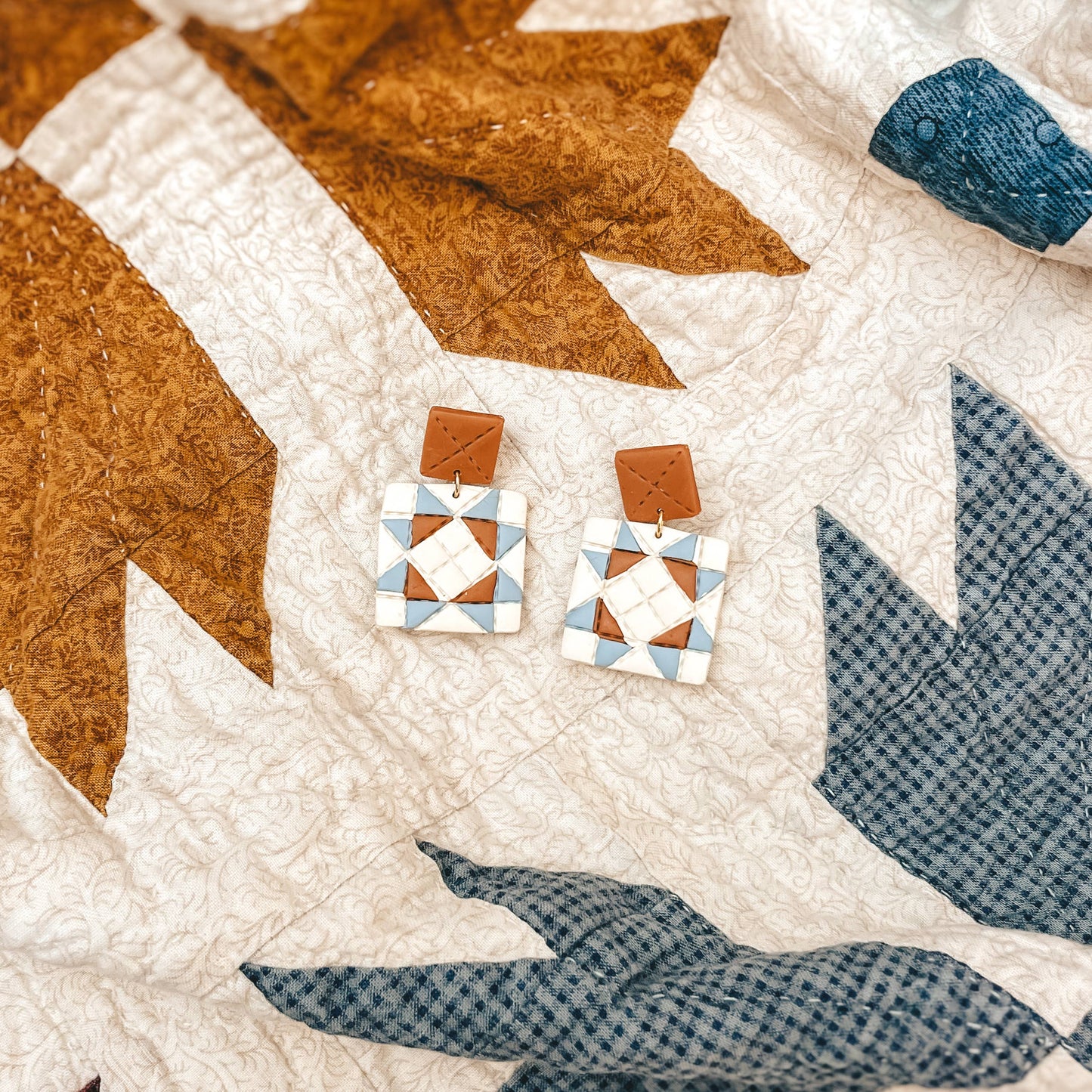 Quilted Style Stud Dangle Polymer Clay Earrings | Orange + Blue