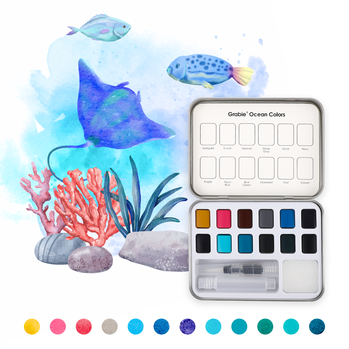 Watercolor Pocket Set Of 12 With Brush - Ocean Colors - Grabie
