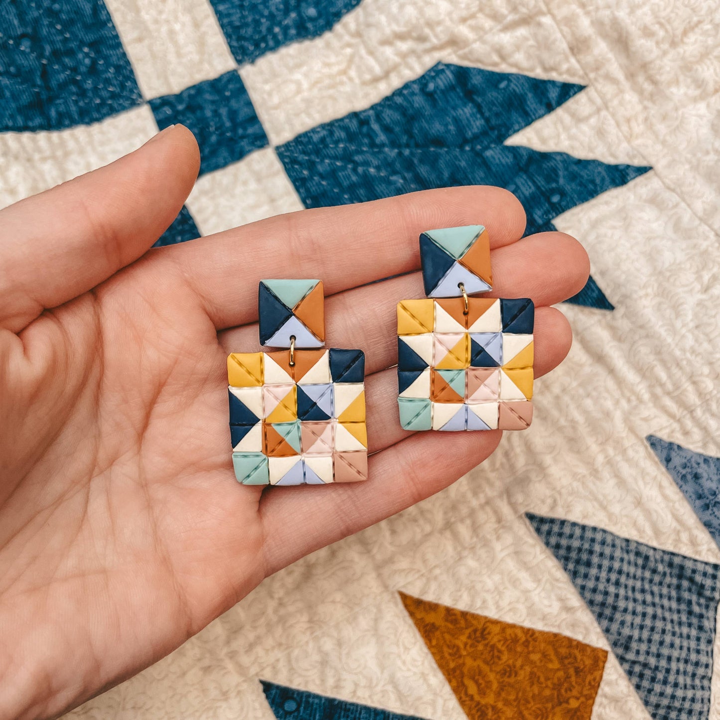 Quilted Style Stud Dangle Polymer Clay Earrings | Confetti Block