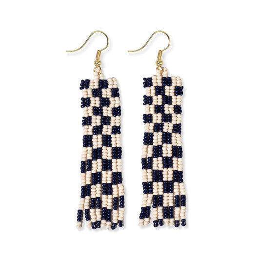 Harriet Woven Top Gingham Beaded Fringe Earrings - Navy