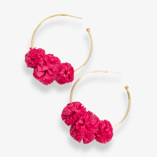 Rita Raffia Poms Hoop Earrings - Hot Pink