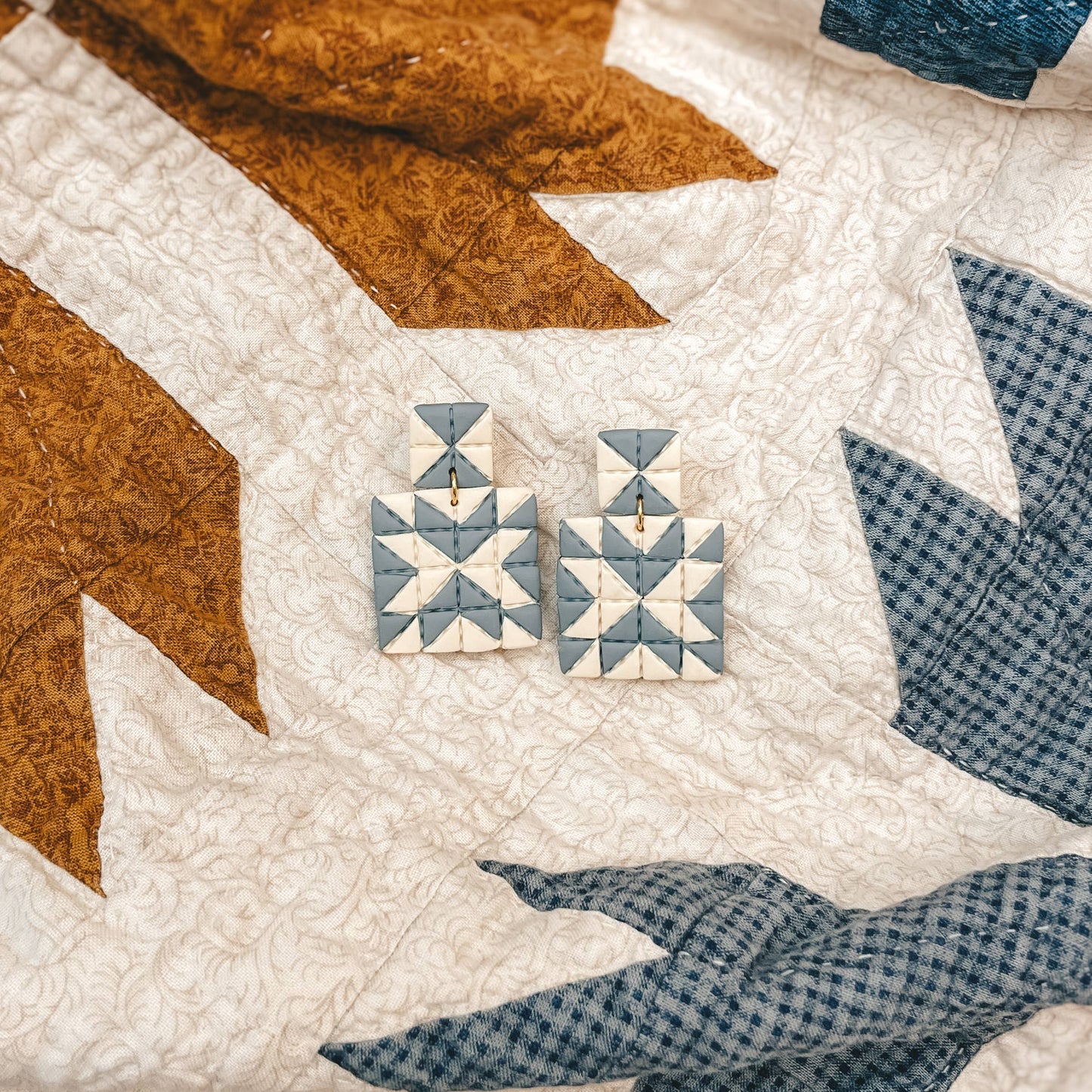 Quilted Style Stud Dangle Polymer Clay Earrings | White + Blue