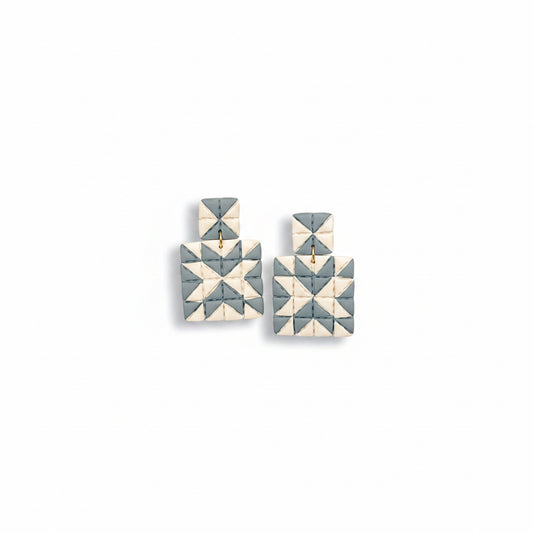 Quilted Style Stud Dangle Polymer Clay Earrings | White + Blue