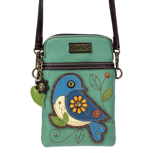 Blue Bird Leather Cellphone Crossbody Bag