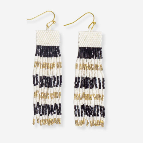 Billie Mixed Horizontal Stripes Beaded Fringe Earrings - Black